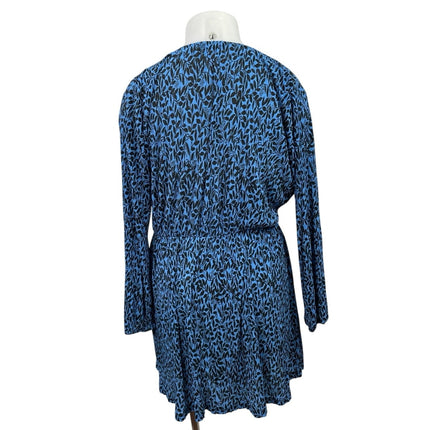 MNG Mango Blue Leaf V Neck Long Sleeve Blouson Fit & Flare Mini Dress Size 12