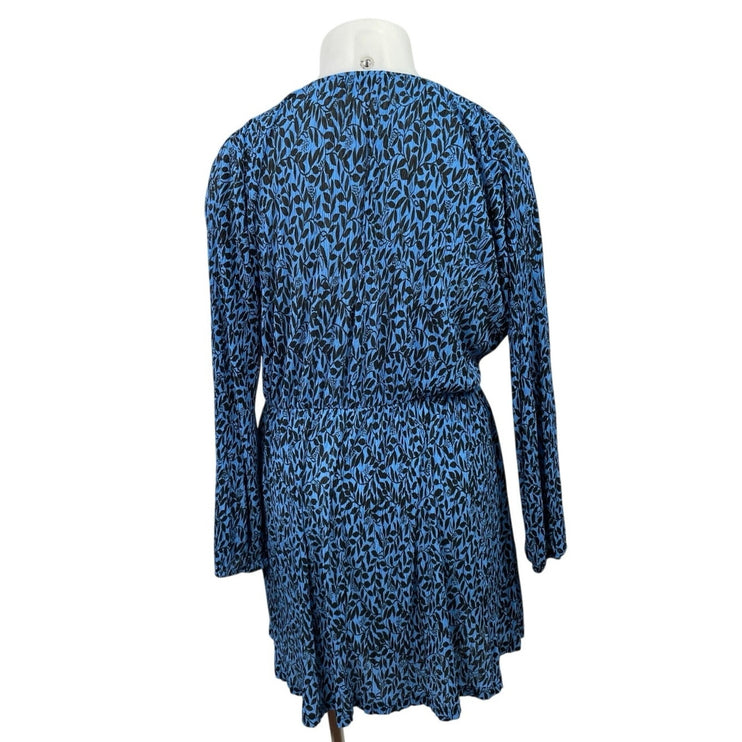 MNG Mango Blue Leaf V Neck Long Sleeve Blouson Fit & Flare Mini Dress Size 12