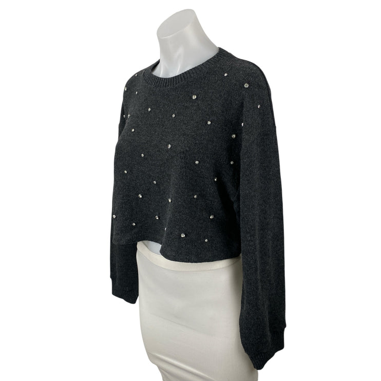 Zara Women's Gray Rhinestone Crew Neck Long Sleeve Crop Sweatshirt Sweater Top M