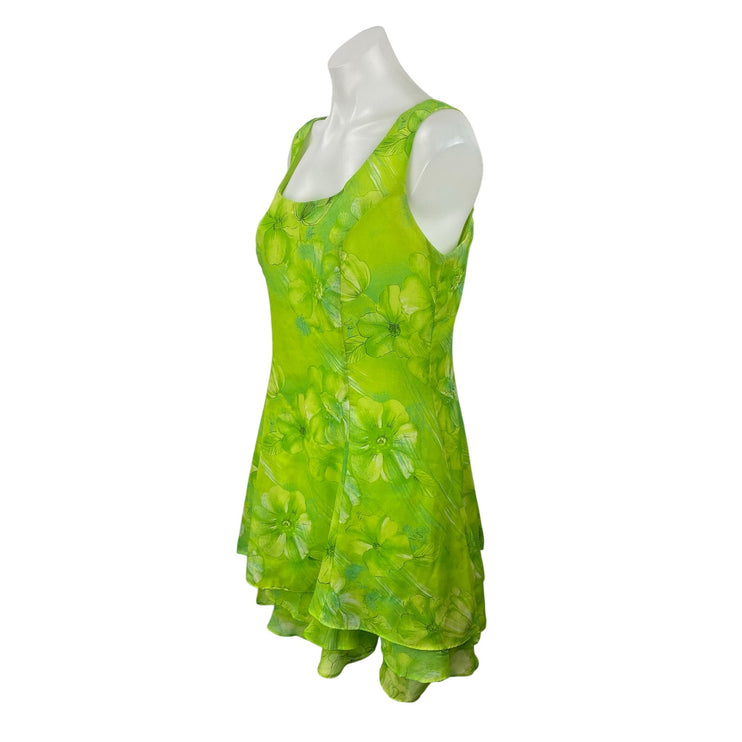 Georgiou Green Floral Sleeveless Square Neck ruffle Fit & Flare Mini Dress Sz M