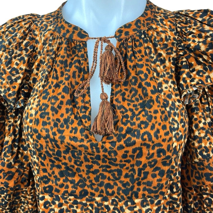 Ulla Johnson Brown Carissa Leopard Animal Print Tassel Tie Ruffle Blouse Top 0