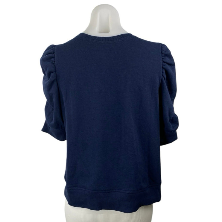 LOFT Women's Blue Crewneck Short Puff Sleeve Knit Sweater Blouse Top Size M