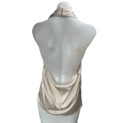 Superdown Beige Silk Satin Sleeveless Halter V Neck Open Back Tank Top Size S