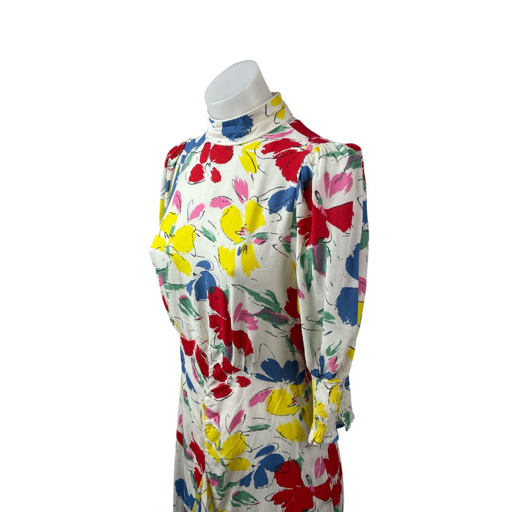 Rixo Multicolor Floral Half Sleeve Mock Neck Ruffle A Line Midi Dress Size 2