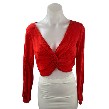 Urban Outfitters Womens Red Linen Twist Front Long Sleeve Blouse Crop Top Size S