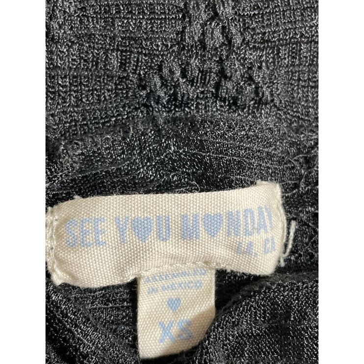 See You Monday Black Long Sleeve Floral Embroidered Mesh Cropped Blouse Top XS
