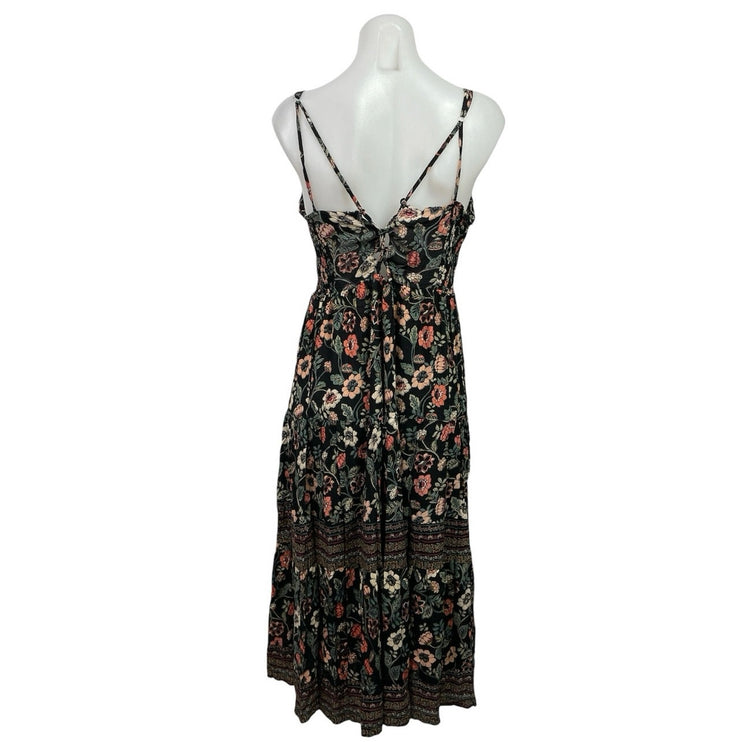 Angie Floral Smocked Tie Front Sweetheart Maxi Cami Tank Flare A-Line Dress Sz M