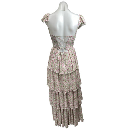 ASTR The Label Emmeline Pink Green Cutout Ruffle Floral Tiered Maxi Dress Sz XS