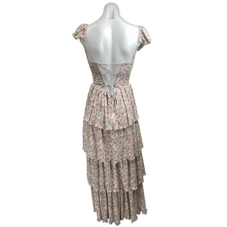 ASTR The Label Emmeline Pink Green Cutout Ruffle Floral Tiered Maxi Dress Sz XS