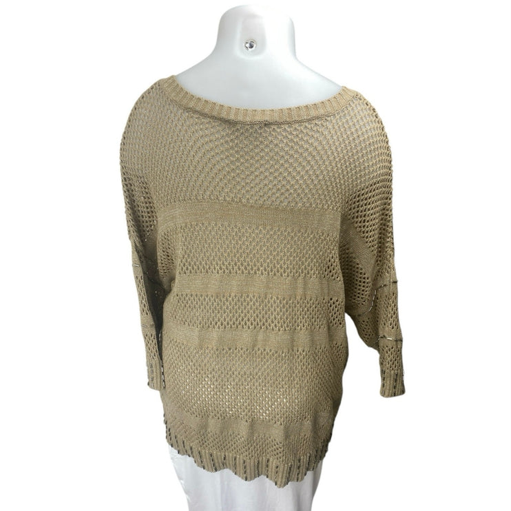 Belldini Women's Brown Tan Metallic Open Knit Crochet Long Sleeve Sweater Top 3X