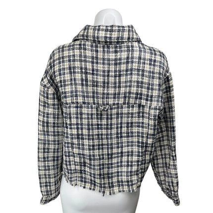 Zara Black Tweed Plaid Checkered Frayed Button Up Crop Shirt Jacket Top Size S