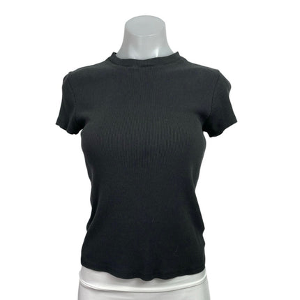 Theory Women's Black Ribbed Knit Short Sleeve Crew Neck T Shirt Tee Top Size M