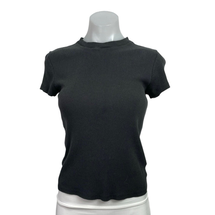 Theory Women's Black Ribbed Knit Short Sleeve Crew Neck T Shirt Tee Top Size M