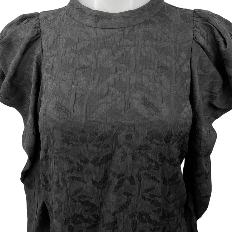 Zara Black Floral Textured Ruched Puff Long Sleeve Crew Neck Blouse Top Size S