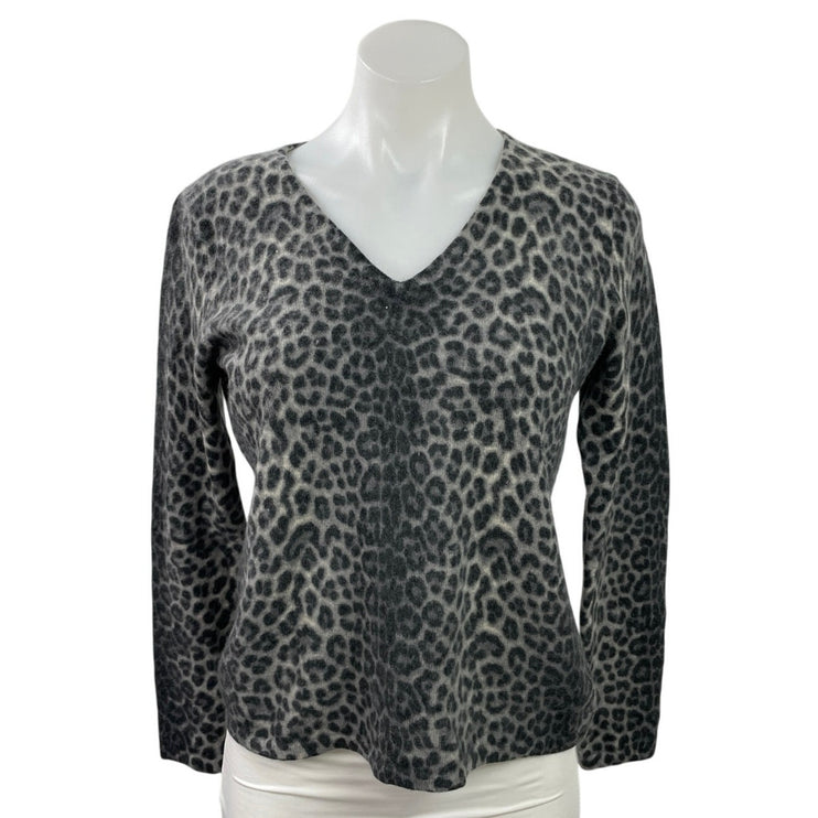 Saks Fifth Avenue Black Gray 100% Cashmere Leopard Long Sleeve Sweater Size L