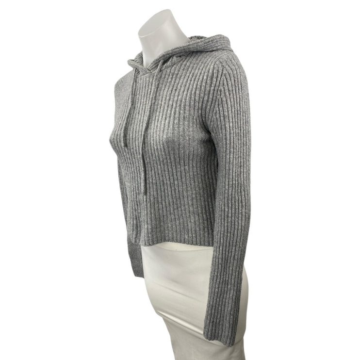 Stradivarius Women's Gray Ribbed Knit Hoodie Hooded Cropped Sweater Top Size S