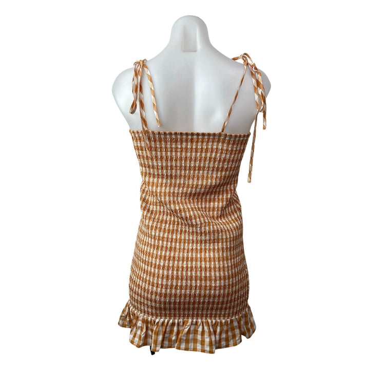 Reformation Gemini Women Coral Gingham Check Sleeveless Ruffle Tank Mini Dress M