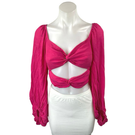 Princess Polly Pink Long Balloon Sleeve Cutout Twist Front Crop Blouse Top 4