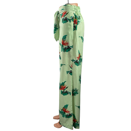 Mango MNG Green Floral Tropical Print Belted Wide Leg Ankle Trousers Pants Sz XS
