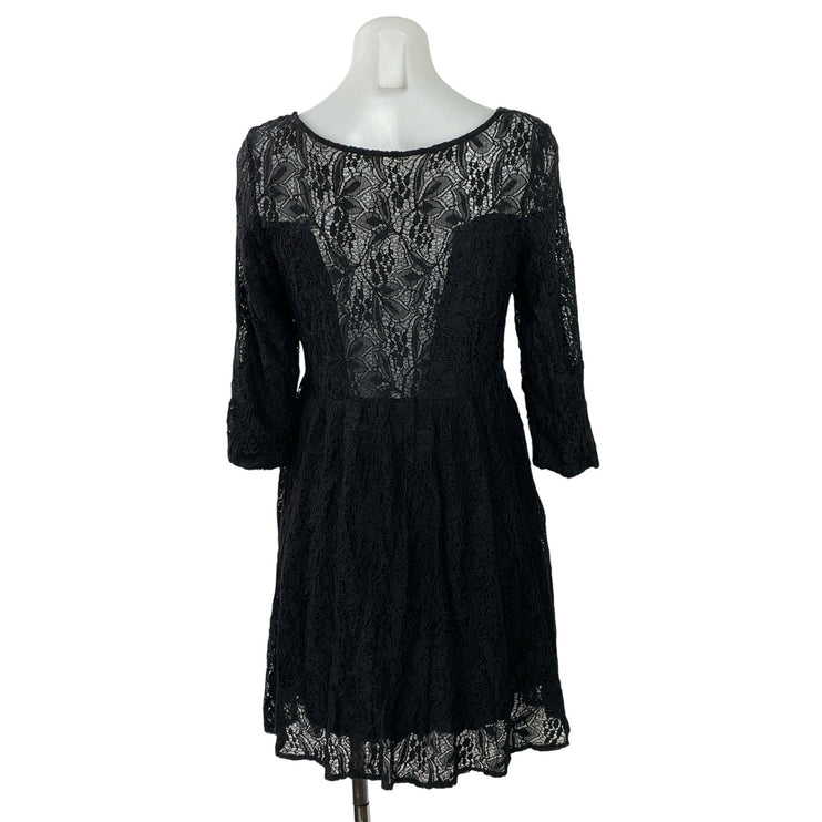 Free People Black Floral Lace 3/4 Sleeve Overlay Fit & Flare Mini Dress Size S