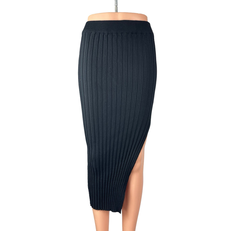 Klesis Black Ribbed Knit High Waist Pull On Slit Sculpt Pencil Midi Skirt Size M