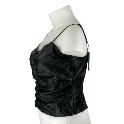 NEW Lamarque Yasmine 100% Leather Black Ruched Sleeveless Cami Crop Tank Top XL