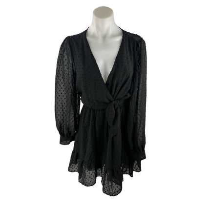 Zara Women's Black Swiss Dot Sheer V Neck Long Sleeve Mini A-Line Wrap Dress S