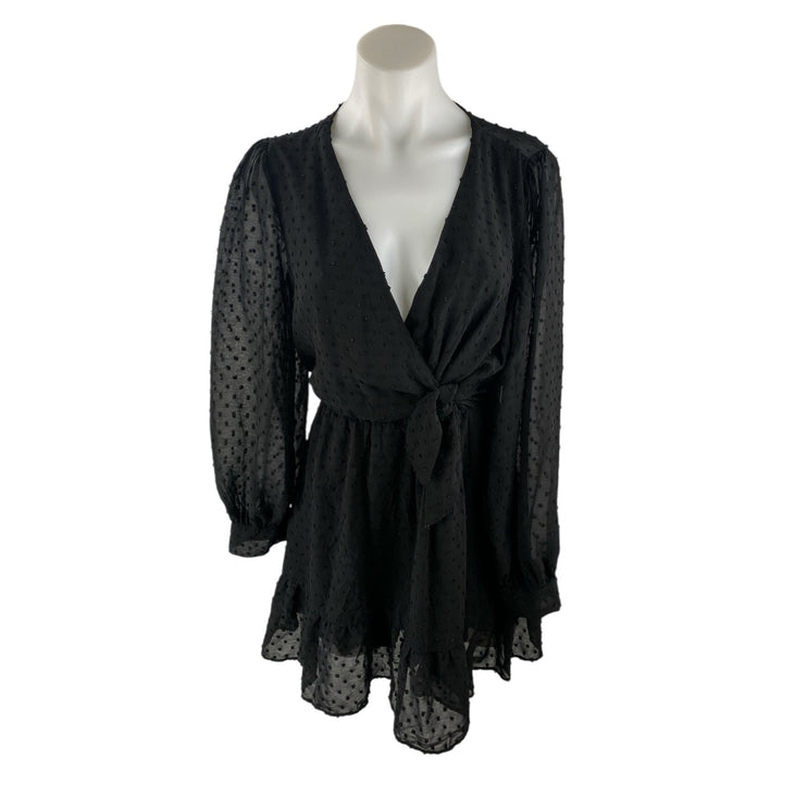 Zara Women's Black Swiss Dot Sheer V Neck Long Sleeve Mini A-Line Wrap Dress S