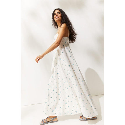 H&M White Blue Floral Sleeveless Cami Camisole A Line Tank Maxi Dress Size S