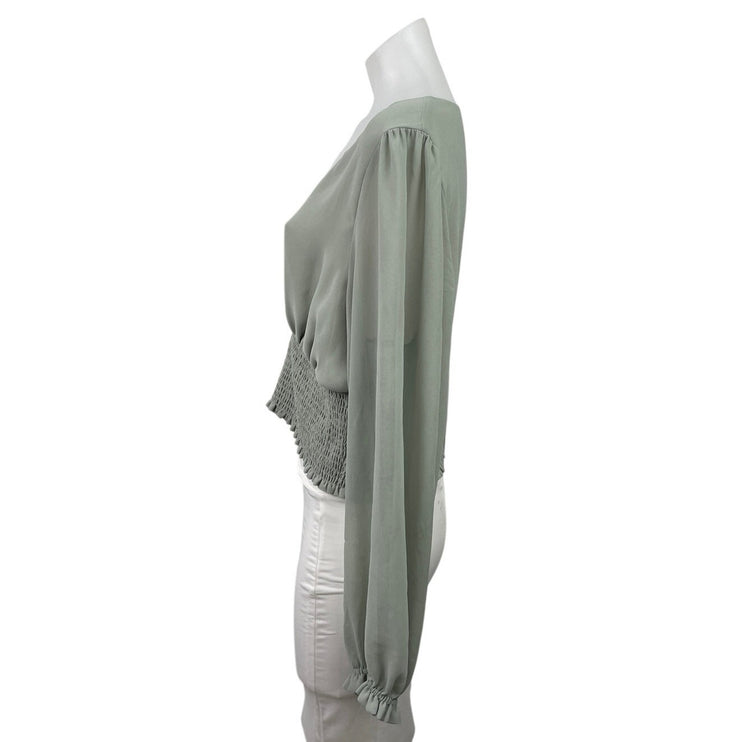 Aritzia Wilfred Genoa Gray Chiffon V Neck long Sleeve Smocked Crop Blouse Top XL