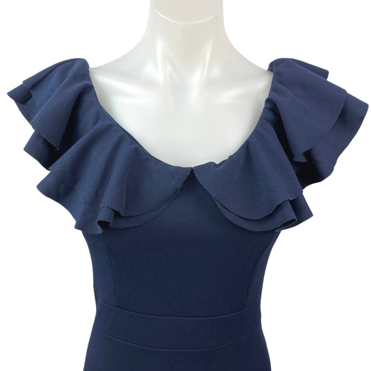 Quiz Navy Blue Ruffle Sleeve Stretch Cocktail Fitted Sheath Mini Dress Size 8