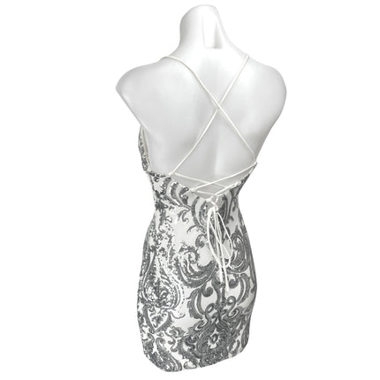 Windsor Gray Silver Sequin Sleeveless Plunging Cami Tank Mini Bodycon Dress OS