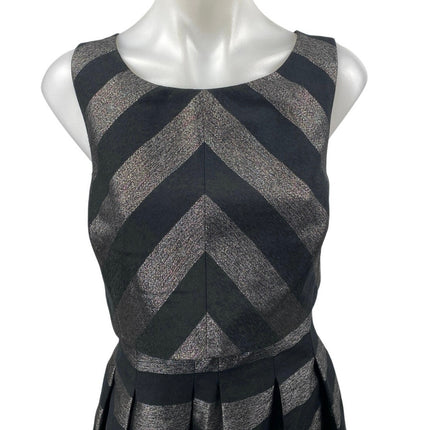Karen Millen Black Silver Metallic Chevron Stripe Sleeveless Fit & Flare Dress 8