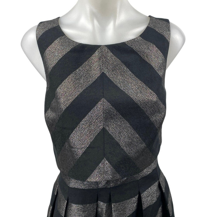 Karen Millen Black Silver Metallic Chevron Stripe Sleeveless Fit & Flare Dress 8