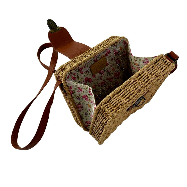Hoxis Tan Floral Lined Straw Woven Rattan Square Crossbody Boho Bag Handbag OS