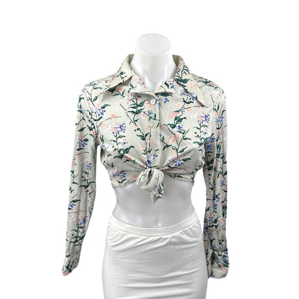 Women's Green Floral Long Sleeve Tie Knot Button Down Shirt Crop Top Size XL