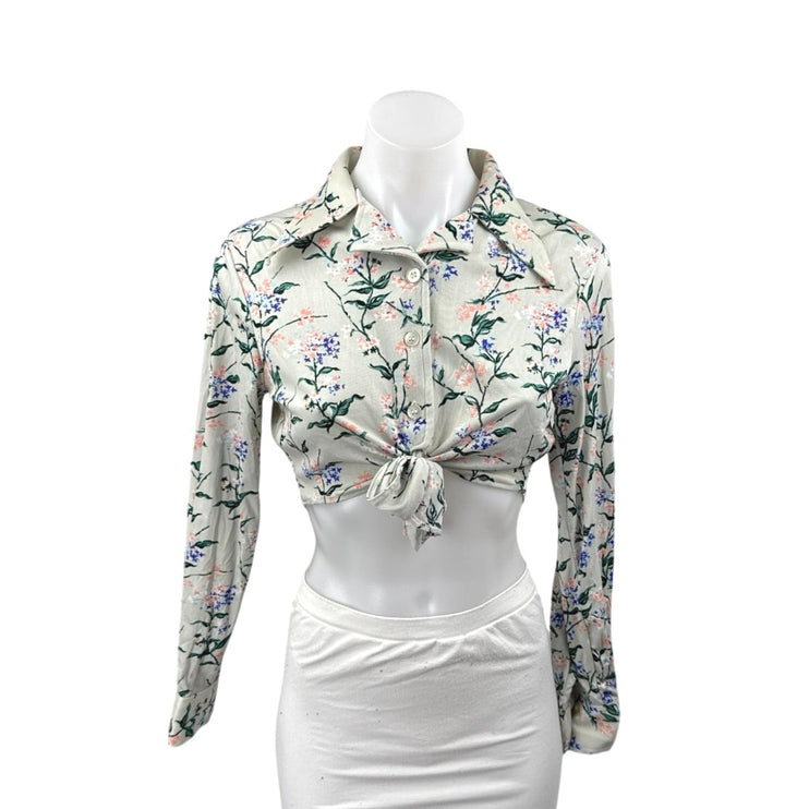 Women's Green Floral Long Sleeve Tie Knot Button Down Shirt Crop Top Size XL