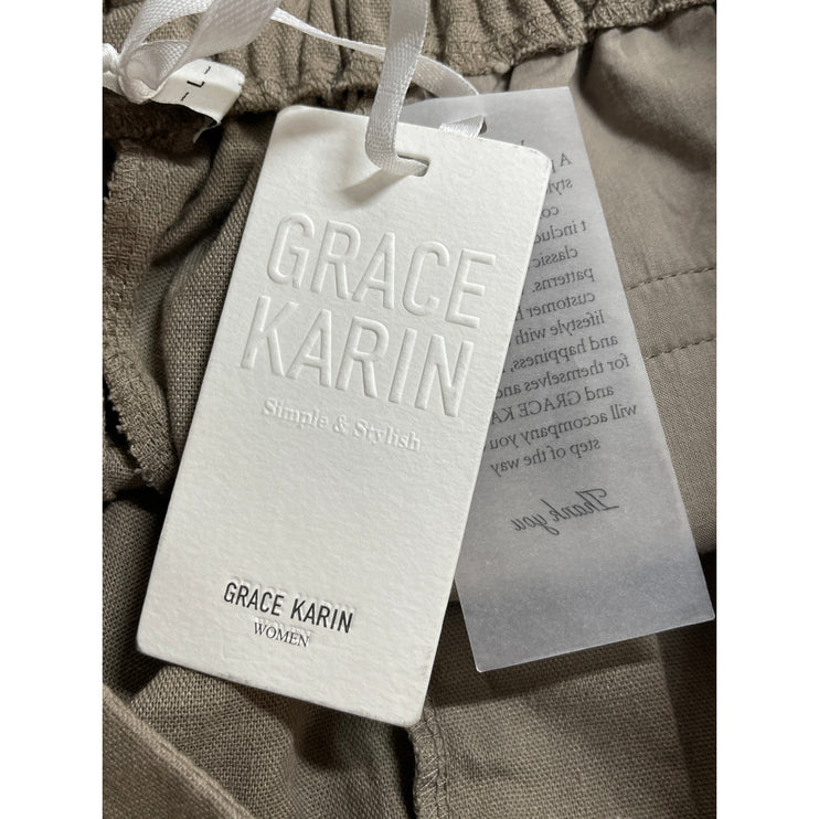 NEW Grace Karin Women's Brown High Elastic Waist Pleated Trousers Dress Pants L