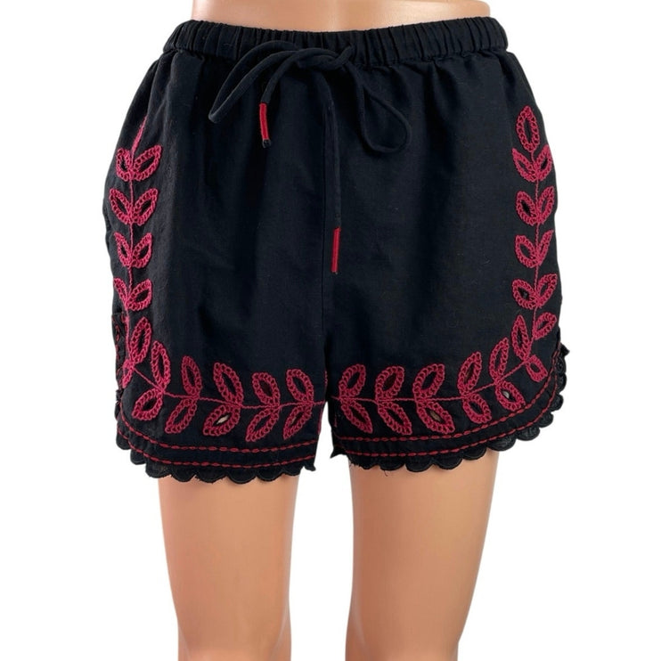 Zara Black High Rise Embroidered Drawstring Boho Lettuce Mini Shorts Size XS