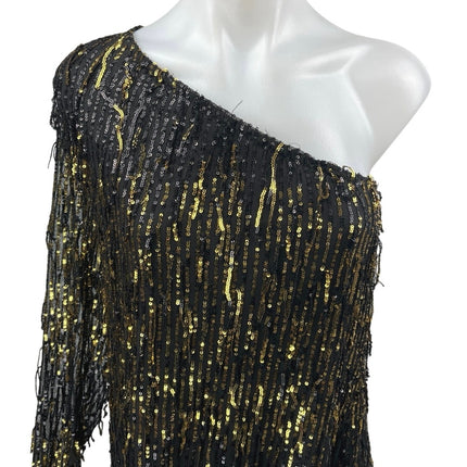 Fashion Nova Black Gold Sequin One Shoulder Long Sleeve Mini Shift Dress Size M