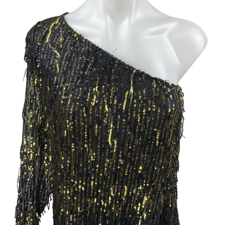 Fashion Nova Black Gold Sequin One Shoulder Long Sleeve Mini Shift Dress Size M