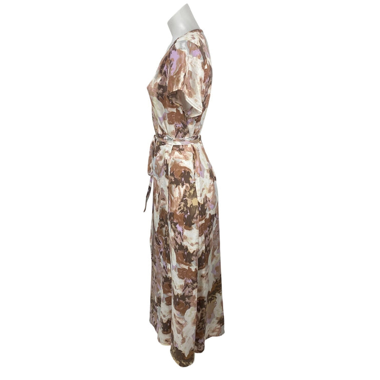 Halogen Beige Multicolor Floral Short Flutter Sleeve V Neck Wrap Maxi Dress Sz 1