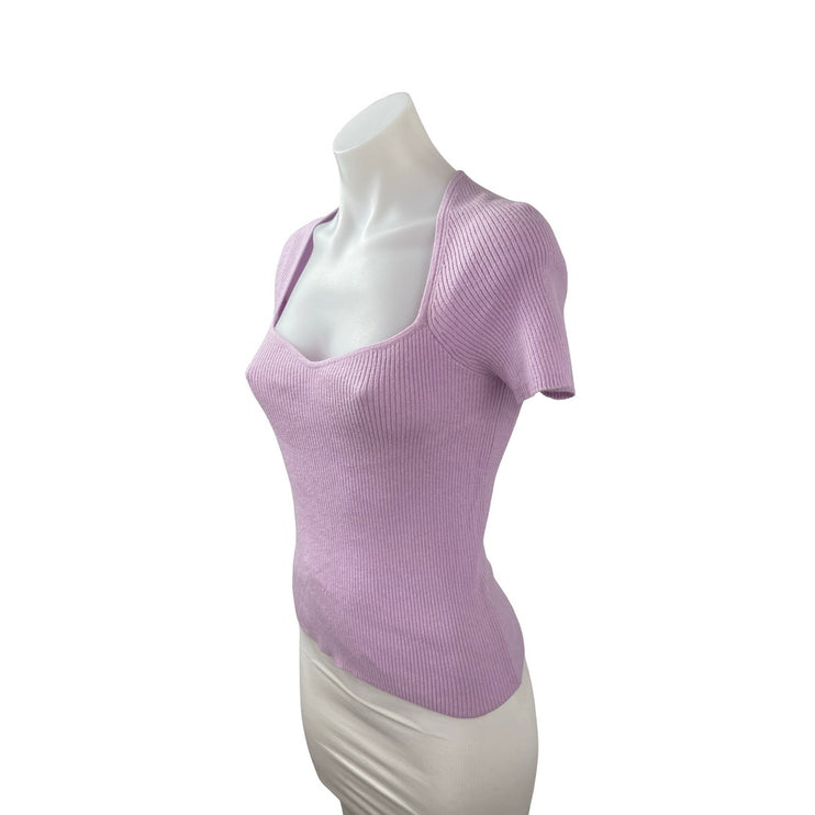 Halogen Women's Purple Lilac Sweetheart Ribbed Knit Short Sleeve Sweater Top S