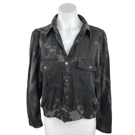 Vintage Havana Women’s Black Camo Tencel Puff Sleeve Button Up Jacket Top Size M