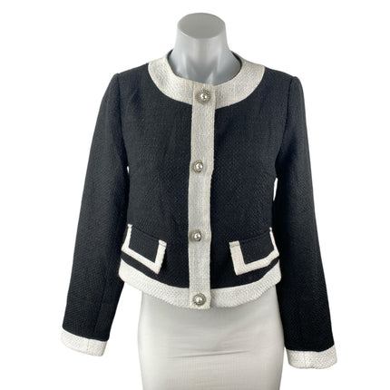 Lulus Women's Black White Button Up Pearl Tweed Faux Pocket Blazer Jacket Sz XS
