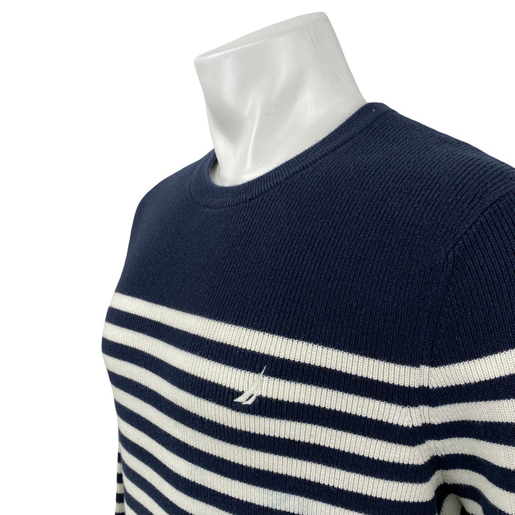 Nautica Men's Navy Blue Striped Logo Crew Neck Long Sleeve Knit Sweater Top L