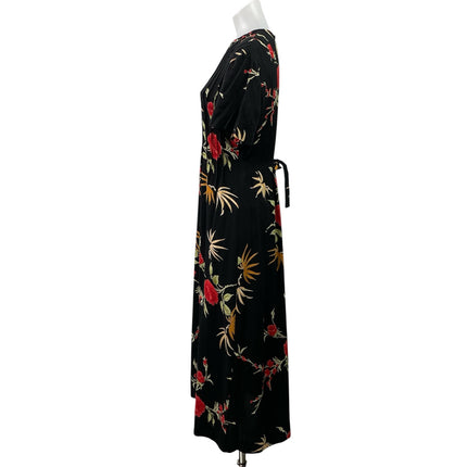 Positive Attitude Black Floral Short Sleeve Tie Pleated A Line Maxi Dress Sz 12