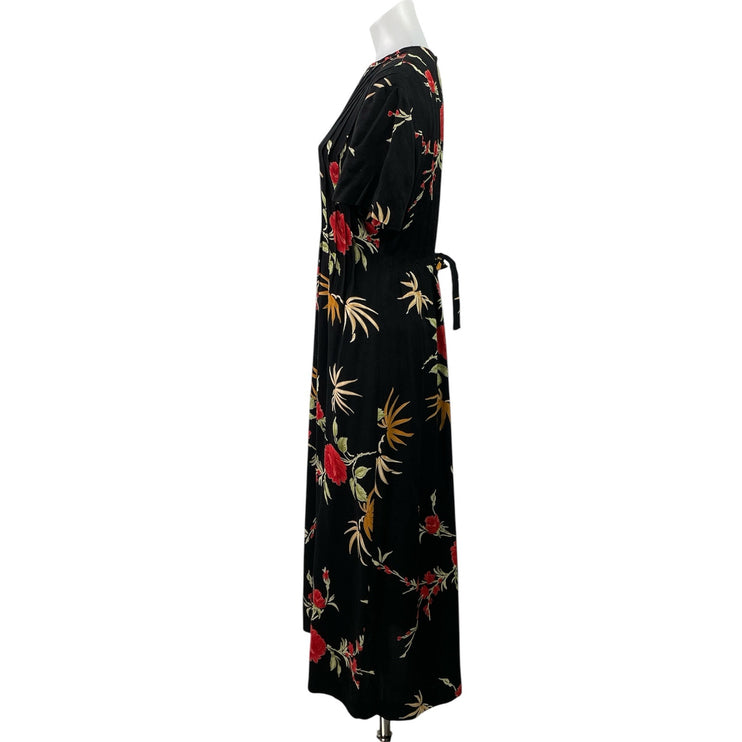 Positive Attitude Black Floral Short Sleeve Tie Pleated A Line Maxi Dress Sz 12