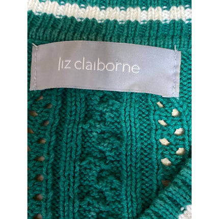Liz Claiborne Women's Green Stripe Cable Knit V Neck Long Sleeve Sweater Top S