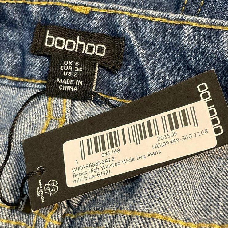NEW Boohoo Women's Blue Medium Wash High Rise Wide Leg Baggy Denim Jeans Size 2